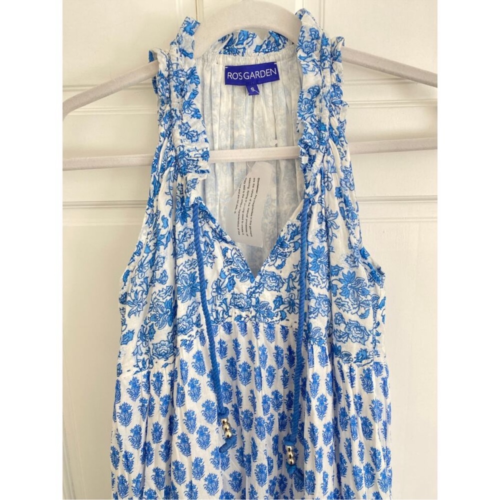Anthropologie Ro’s Garden Sofia Maxi Dress Blue Floral Block Print Ruffle V Neck - Picture 4 of 5